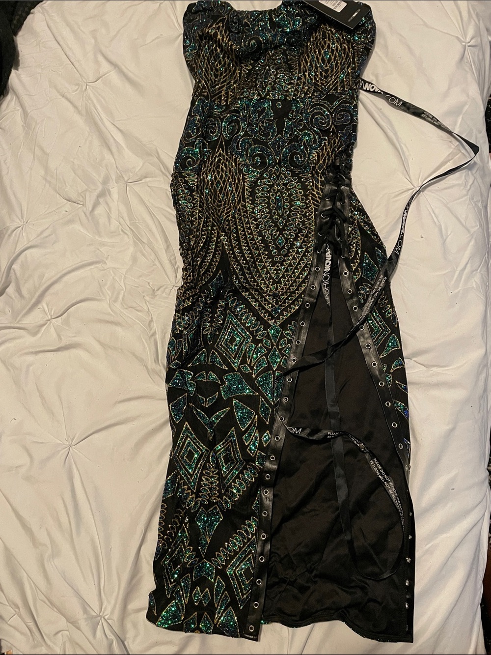 Fashion Nova Black and Teal Sequin Strapless Prom Dress